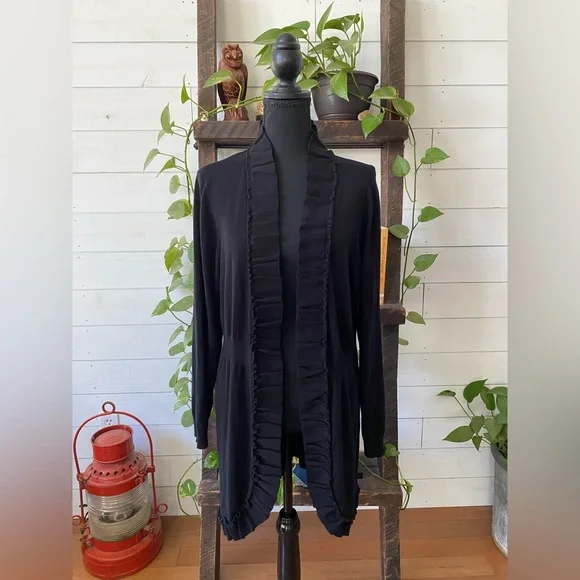 Valerie Steven’s: Elegant Black Open-Front Cardigan Sweater with Ruffle Trim - Picture 6 of 17